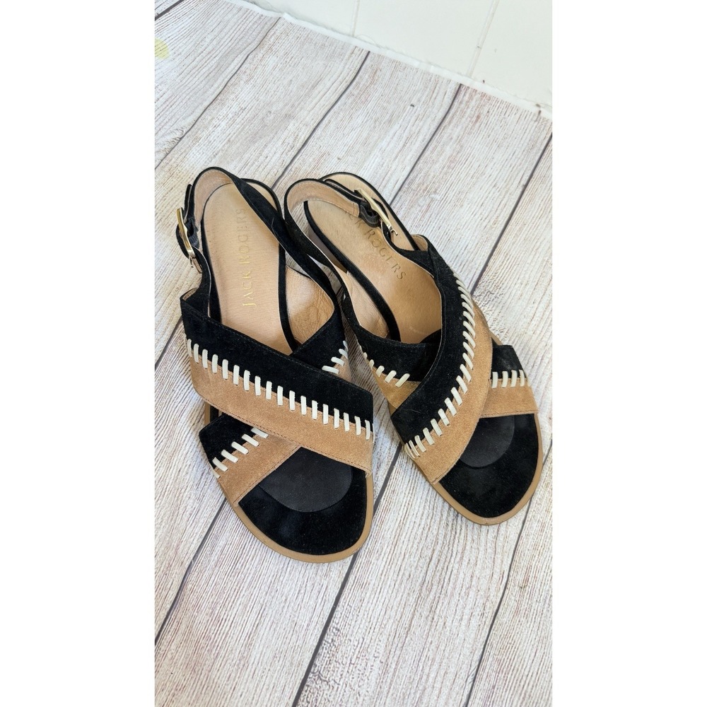 Jack Rogers Amelia City Sandals Size 8 Black Tan Suede Leather Slingback Flat - Picture 2 of 6